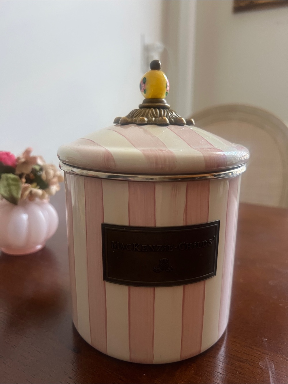 MacKenzie-Childs Pink and Cream Striped Canister with Floral Yellow Knob